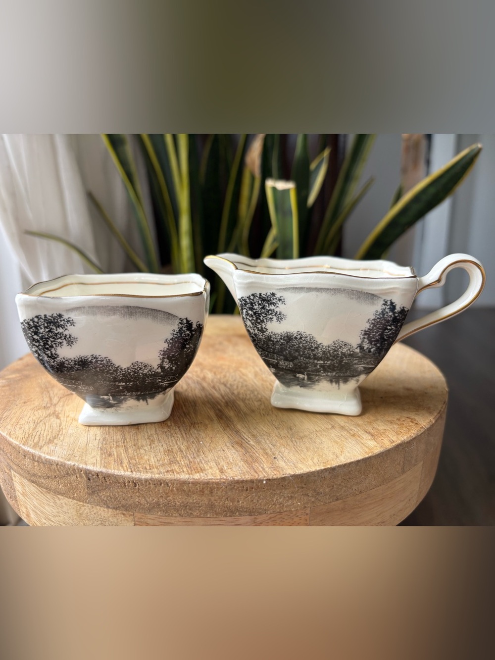 Vintage Royal Winton Black and White Scenic Creamer and Sugar Set